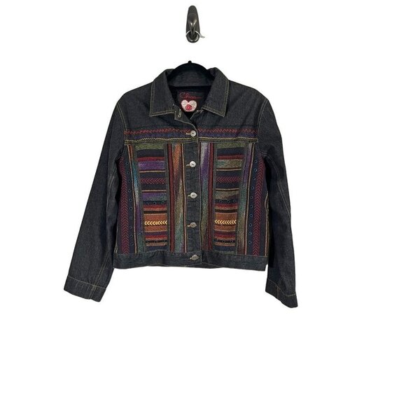 Chicos Denim Jacket M Gray Striped Embroidery Western Aztec Boho Retro 80s Chic - Picture 1 of 16
